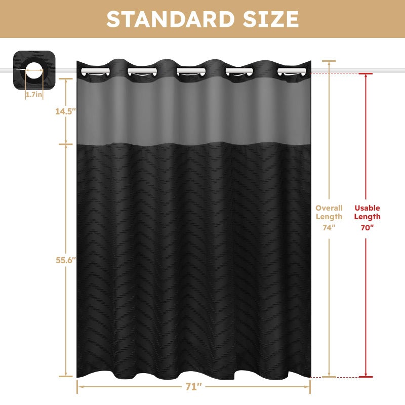 FADOTY No Hook Shower Curtain and Liner Set, Black Snap in Shower Curtain Ringless Chevron Tufted Cloth Waterproof Washable Fabric Bath Curtain with See Through Top Window for Bathroom Hotel 71" x 74" - Image 5