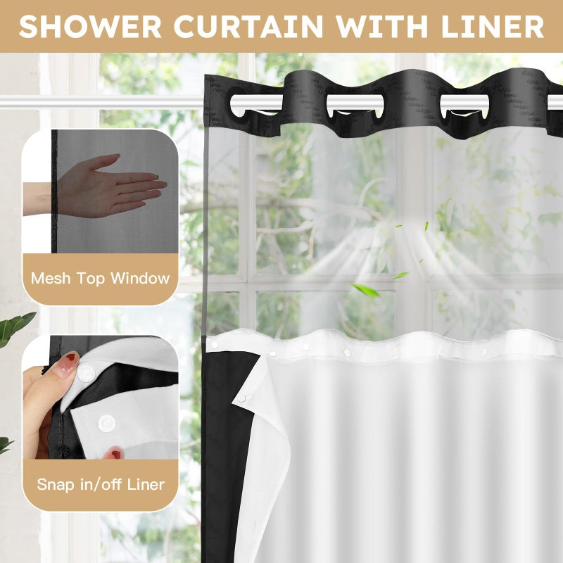 FADOTY No Hook Shower Curtain and Liner Set, Black Snap in Shower Curtain Ringless Chevron Tufted Cloth Waterproof Washable Fabric Bath Curtain with See Through Top Window for Bathroom Hotel 71" x 74" - Image 3