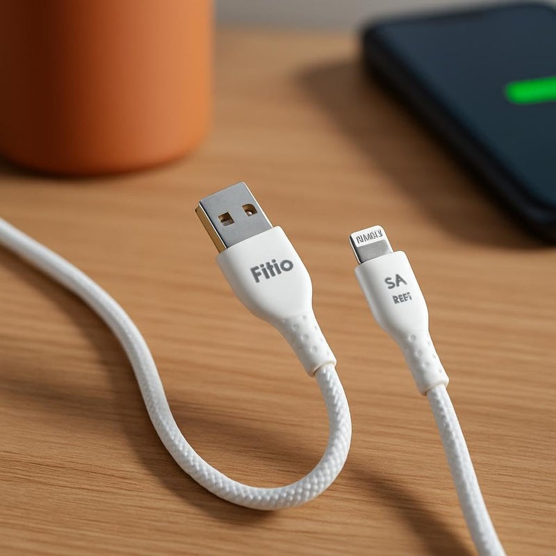Fitto USB to Lightning Charging Cable, 3 Amp, 2 Meter Length, White - Image 2