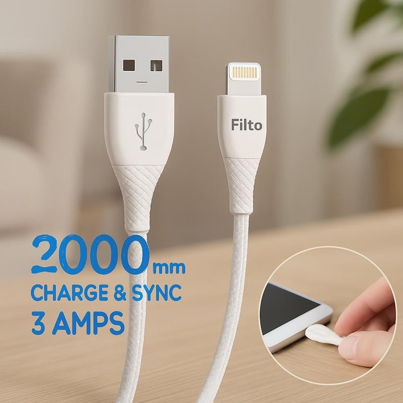 Fitto USB to Lightning Charging Cable, 3 Amp, 2 Meter Length, White - Image 3