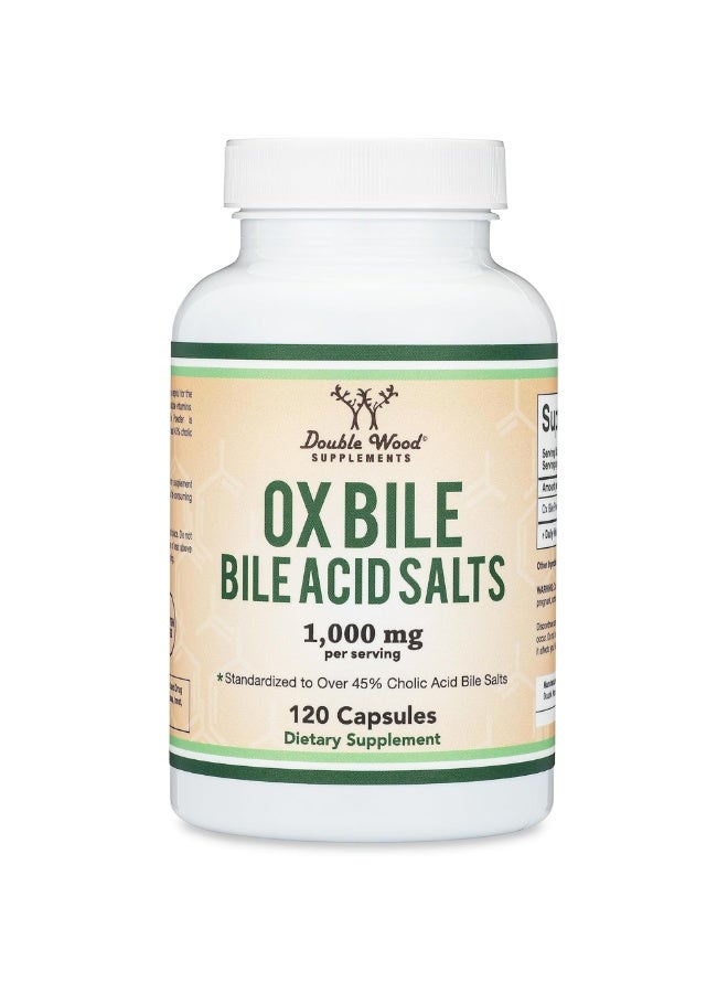 Ox Bile Supplement for No Gallbladder (1,000mg Per Serving, 500mg per Capsule, 120 Capsules) Standardized to 45% Cholic Acid Bile Salts to Help Address Bile Salt Deficiencies by Double Wood - Image 1