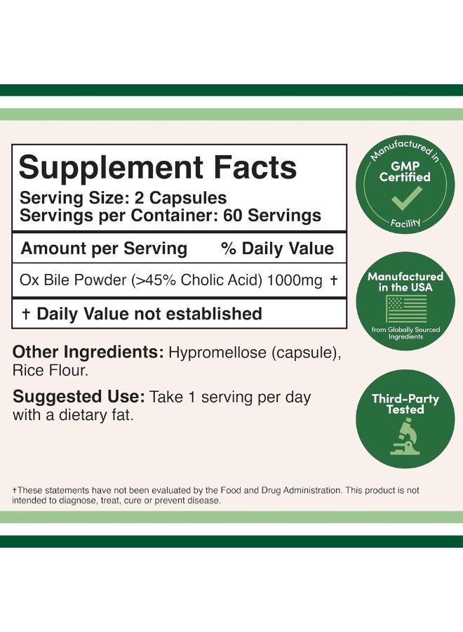 Ox Bile Supplement for No Gallbladder (1,000mg Per Serving, 500mg per Capsule, 120 Capsules) Standardized to 45% Cholic Acid Bile Salts to Help Address Bile Salt Deficiencies by Double Wood - Image 2