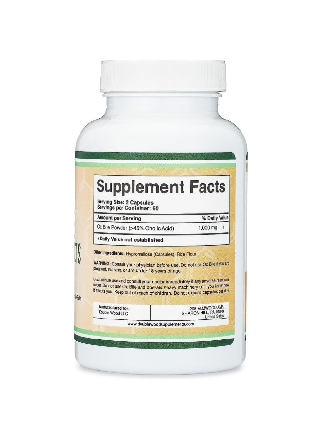 Ox Bile Supplement for No Gallbladder (1,000mg Per Serving, 500mg per Capsule, 120 Capsules) Standardized to 45% Cholic Acid Bile Salts to Help Address Bile Salt Deficiencies by Double Wood - Image 3