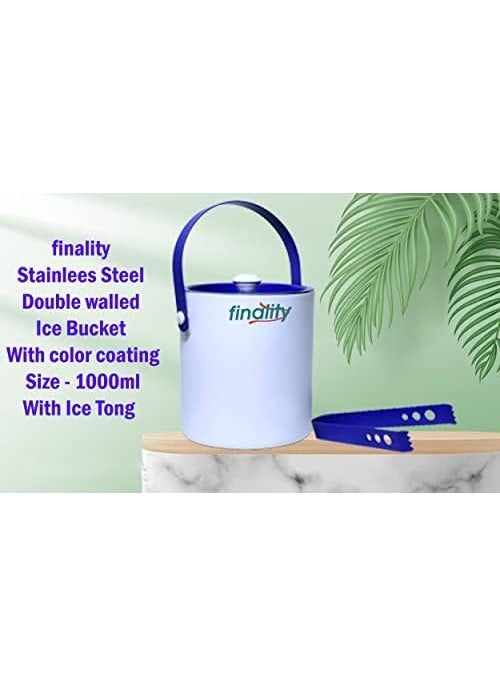 FINALITY finality Stainless Steel Double Walled Insulated Ice Bucket with Lid White and Blue Color with Tong 1 Liter  - Image 2
