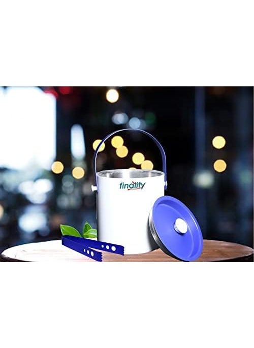 FINALITY finality Stainless Steel Double Walled Insulated Ice Bucket with Lid White and Blue Color with Tong 1 Liter  - Image 3
