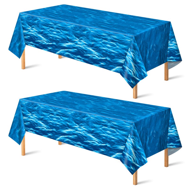 OHOME 2 Pack Beach Party Decorations Ocean Waves Plastic Tablecloth for Pool Party Decorations Sea Water Print Table Cover for Summer Birthday Beach Theme Blue Backdrop Banner - Image 2