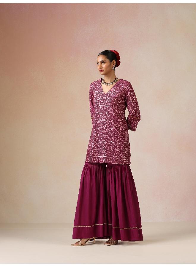 trueBrowns Magenta Gold Foil Print Muslin Silk Sharara Set - Image 4