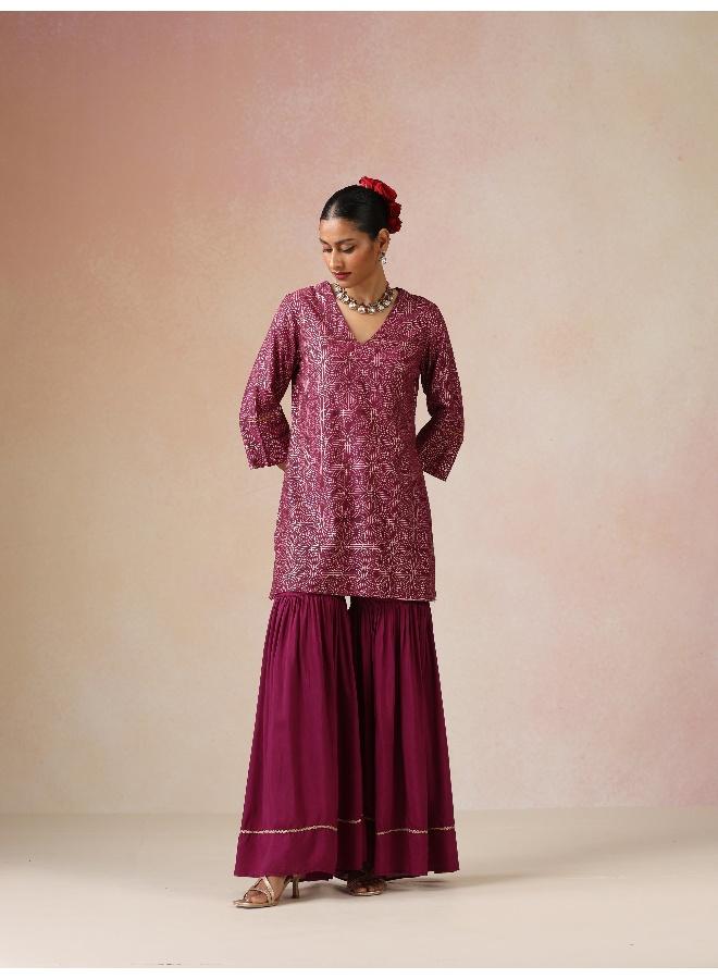 trueBrowns Magenta Gold Foil Print Muslin Silk Sharara Set - Image 3