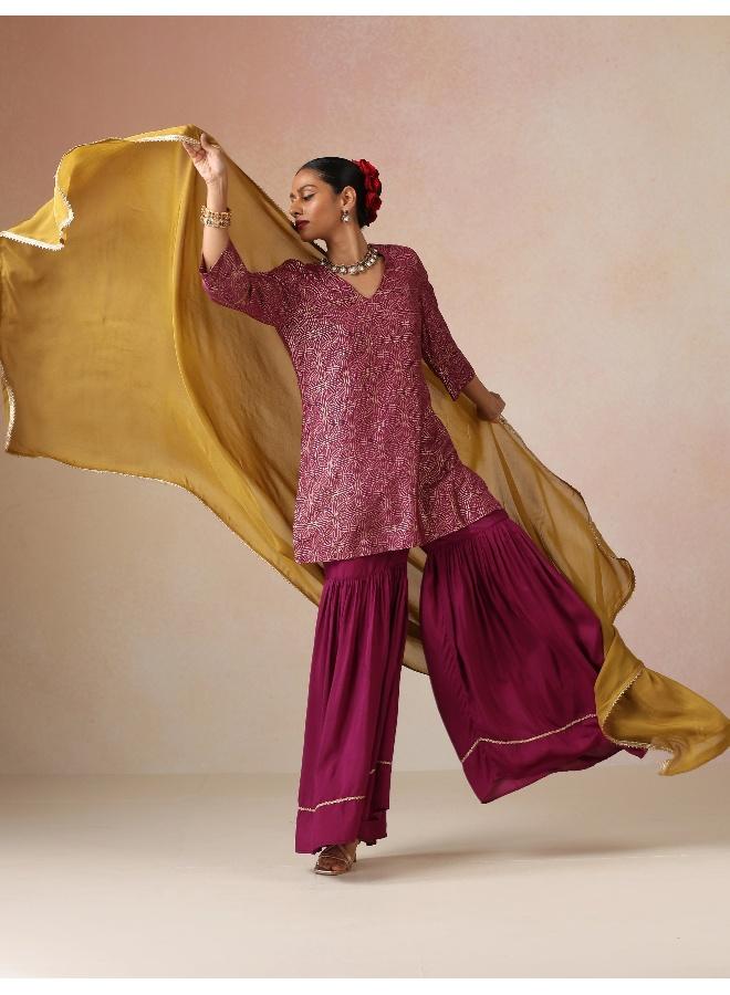 trueBrowns Magenta Gold Foil Print Muslin Silk Sharara Set - Image 1