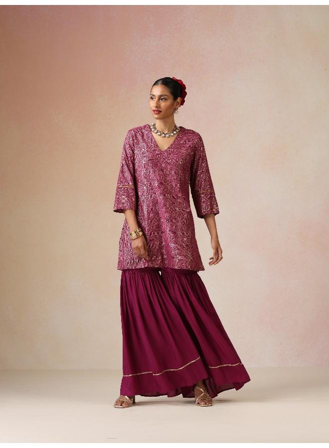 trueBrowns Magenta Gold Foil Print Muslin Silk Sharara Set - Image 2