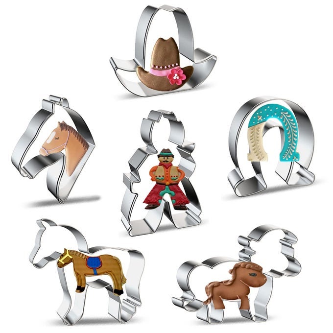 HORSE COWBOY COOKIE CUTTERS SHAPES BAKING SET 6 PIECES STAINLESS STEEL METAL MOLD WITH HORSE PONY HORSE HEAD HORSESHOE COWBOY COWBOY HAT COOKIE CUTTER FOR BISCUIT PASTRY FONDANT GINGERBREAD CAKE