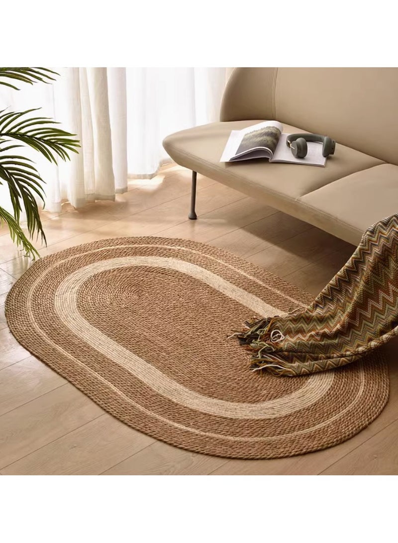 LINGWEI Jute Rug Carpet Oval Oval with White Line Design Floor Mat Carpet Door Mat For Living room Bedroom Area Rug Carpet - Image 1