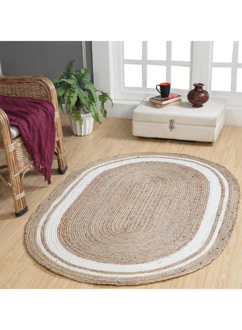 LINGWEI Jute Rug Carpet Oval Oval with White Line Design Floor Mat Carpet Door Mat For Living room Bedroom Area Rug Carpet - Image 2