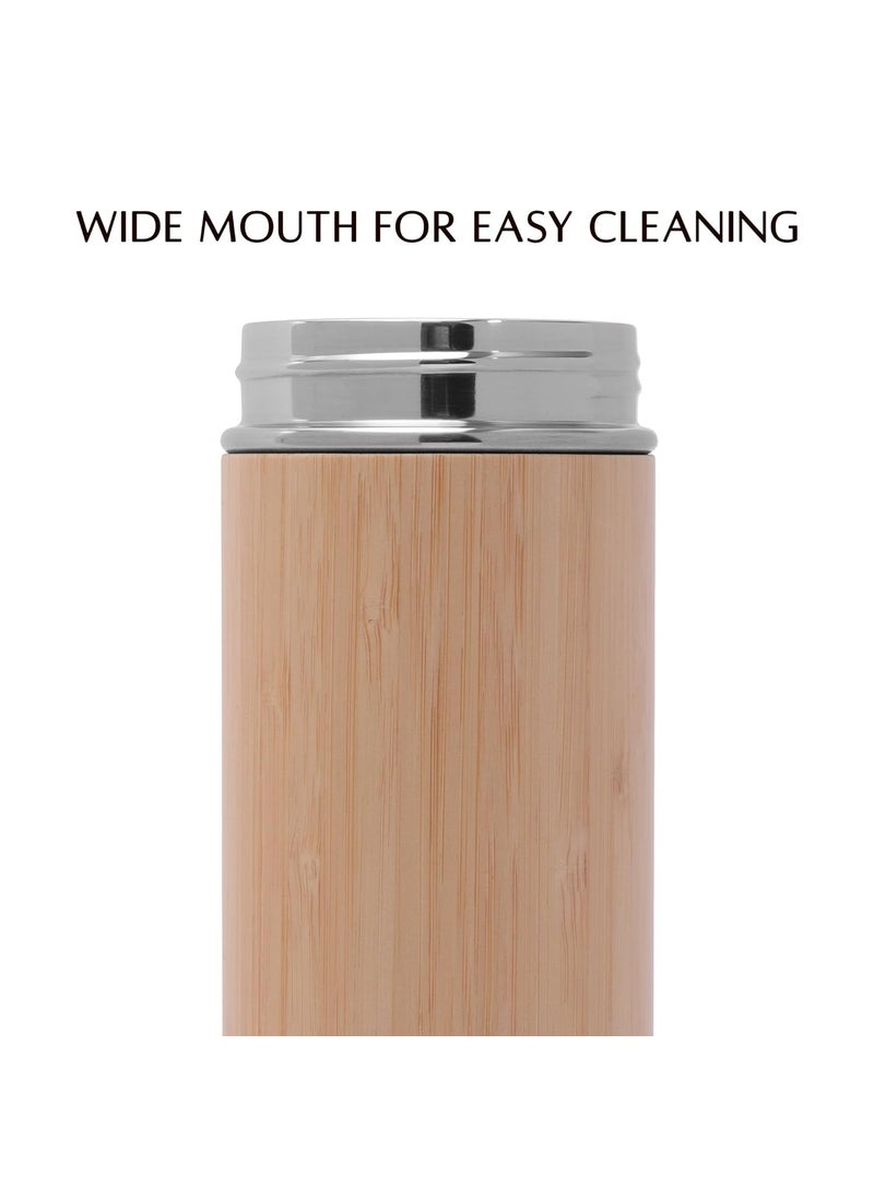Twist - TWIST Eco-Friendly Bamboo Stainless Steel Water Bottle| Double Wall Vacuum Insulated | Tea Strainer | Hot & Cold Bamboo Water Bottle| Stylish & Sustainable | Ideal for Outdoor and Daily use (450ml) - Image 1