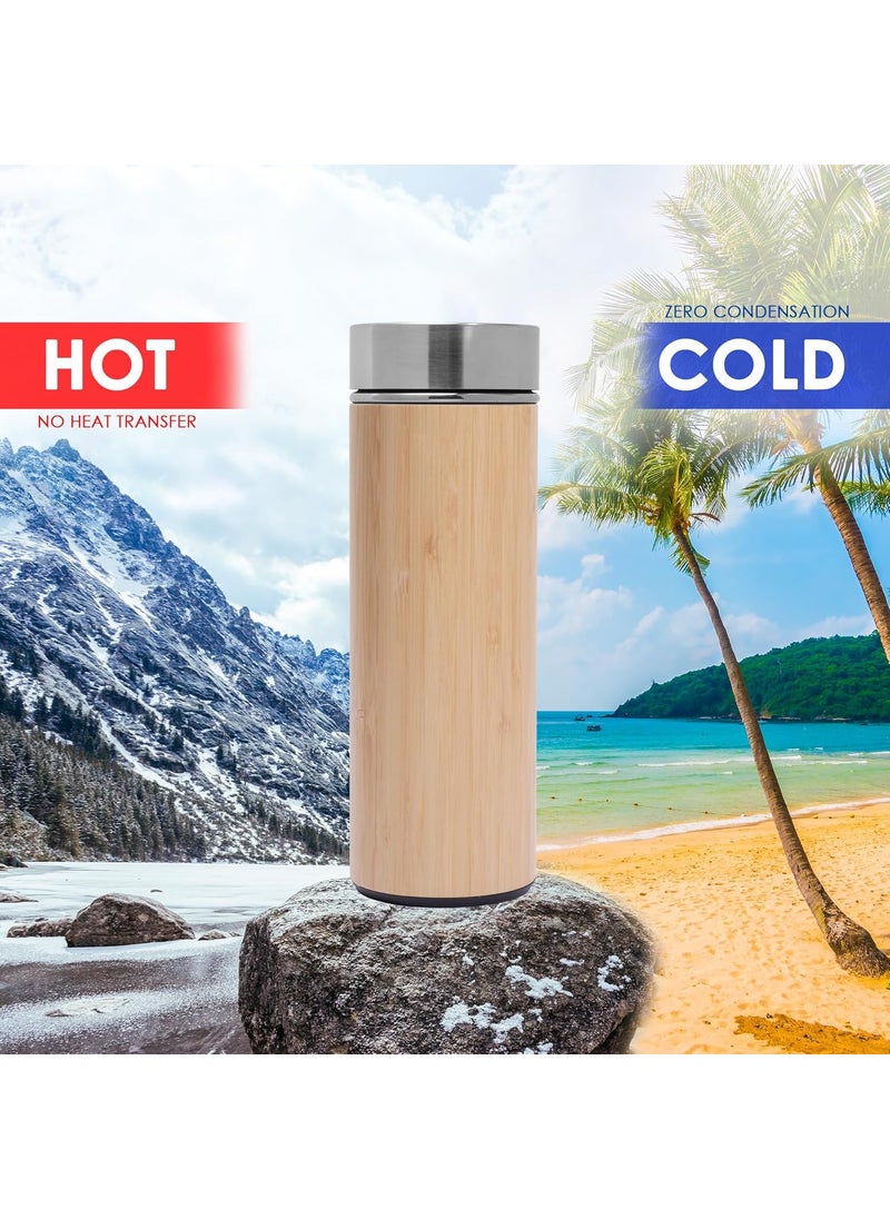 Twist - TWIST Eco-Friendly Bamboo Stainless Steel Water Bottle| Double Wall Vacuum Insulated | Tea Strainer | Hot & Cold Bamboo Water Bottle| Stylish & Sustainable | Ideal for Outdoor and Daily use (450ml) - Image 1