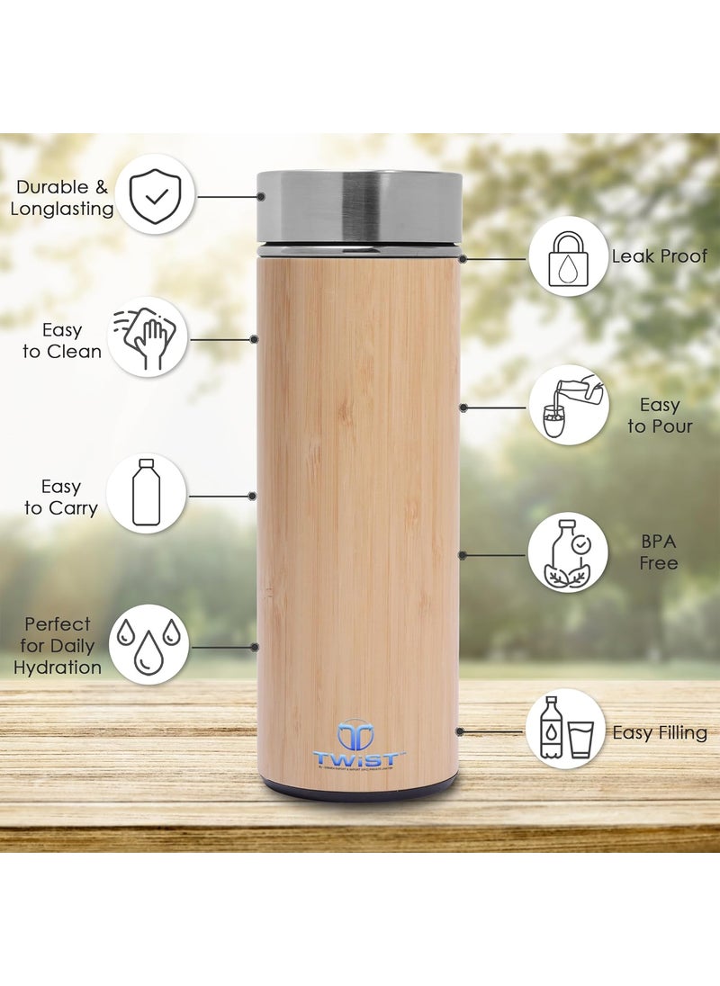 Twist - TWIST Eco-Friendly Bamboo Stainless Steel Water Bottle| Double Wall Vacuum Insulated | Tea Strainer | Hot & Cold Bamboo Water Bottle| Stylish & Sustainable | Ideal for Outdoor and Daily use (450ml) - Image 1