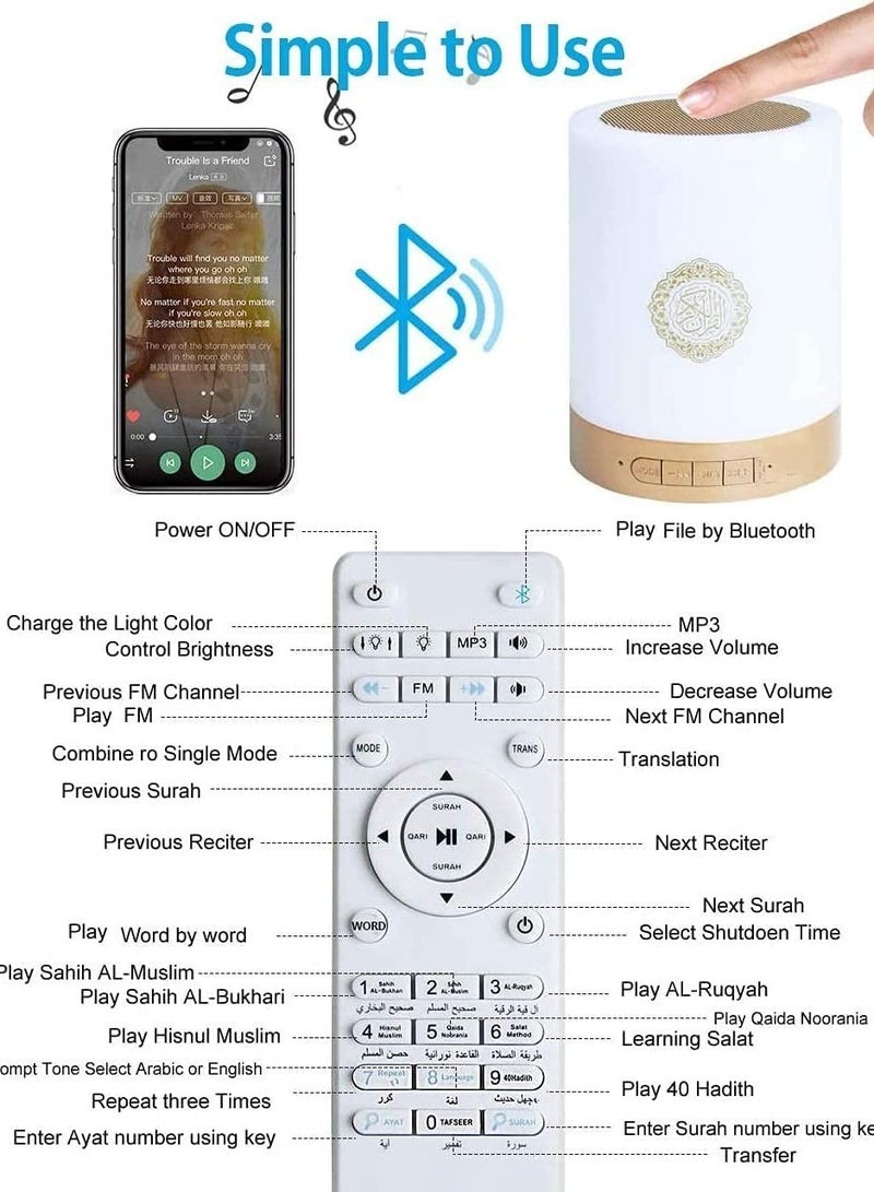 Speaker Touch Lamp, 4 in 1 Bluetooth Speaker with 7 Colors LED Light, Quran Recitations and Song, FM Broadcast, Remote & Touch Control Quran Speaker Lamp - Image 5