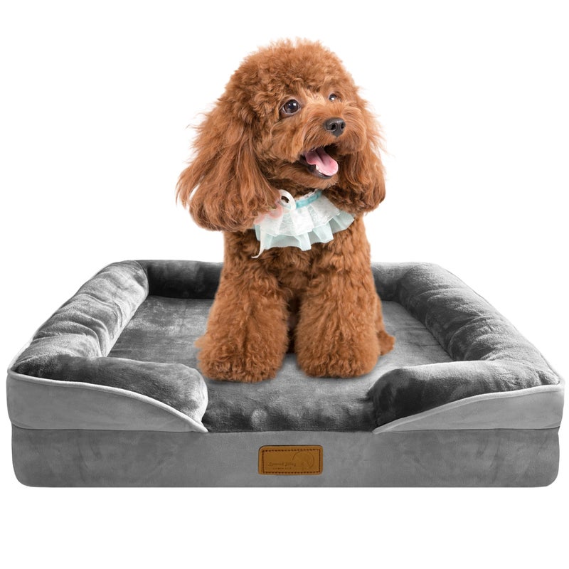 Spotted Play Orthopedic Dog Bed with Sides - Dog Sofa Beds for Small Dogs, Supportive Foam Pet Couch Bed with Washable Removable Cover, Waterproof Lining and Non-Slip Bottom, Grey - S - Image 1