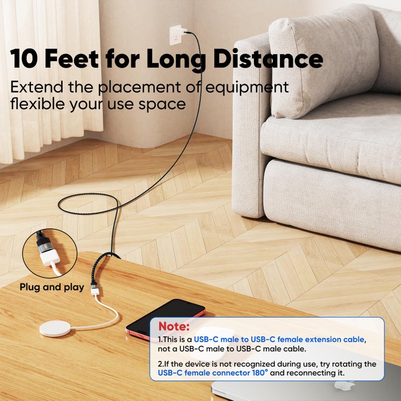 FEMORO USB C Extension Cable 10Ft Long, 10Gbps Data Transfer/100W Charging/4K@60Hz USBC 3.2 Male to USB-C Female Cable Extender Type C Cord for iPhone 15 16 17, Galaxy S25/24, PC, Laptop, SSD and More - Image 2