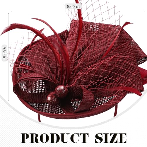 Zinniday Tea Party Hat for Women 2026 Derby Fascinator with Detachable Headband 787 x59 Head Circumference 215235 Lightweight Feather Polyester Wine Red - Image 3