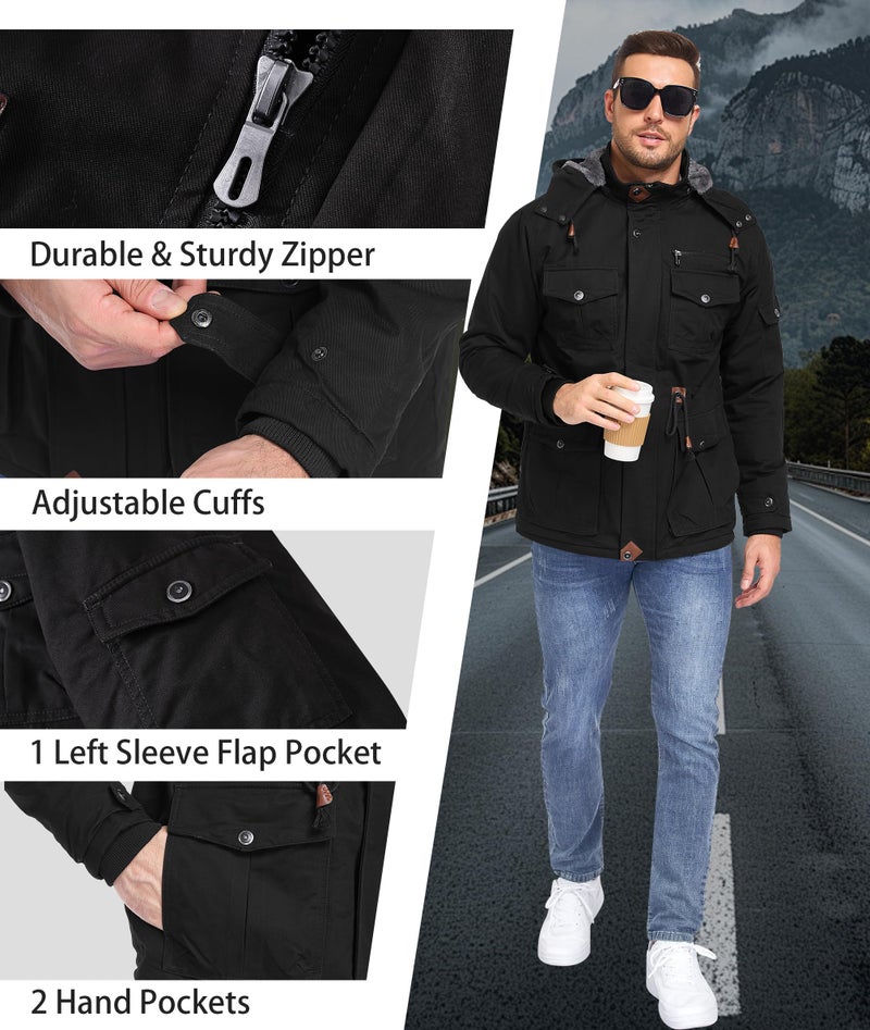 Zoofly Mens Coats Insulated Fleece Casual Jackets Windproof Cargo jackets Winter Hoodies for Men with Pockets Black 2XL - Image 5