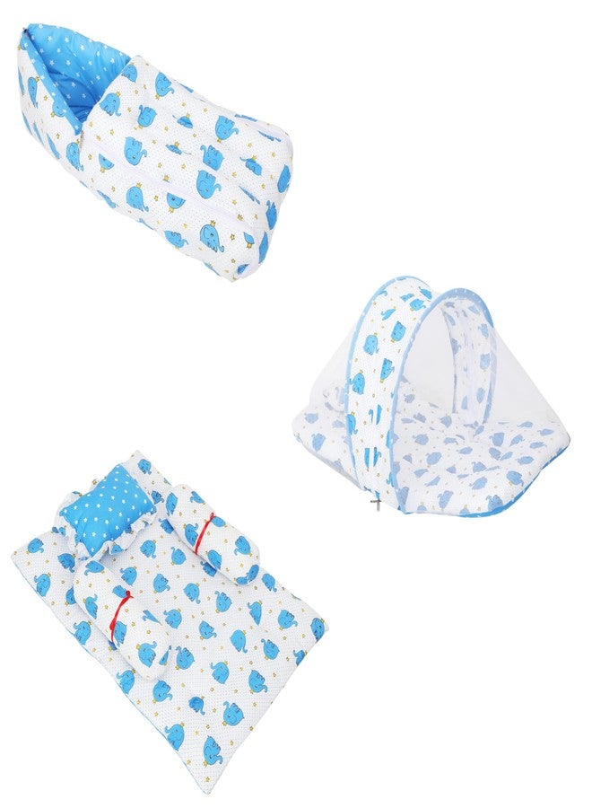 AMARDEEP and Co Combo of Baby Bed with Net | Carry Bag | 4 Pcs Bedding Set(0-6 Months) (Cute Elephants Blue) - Image 1