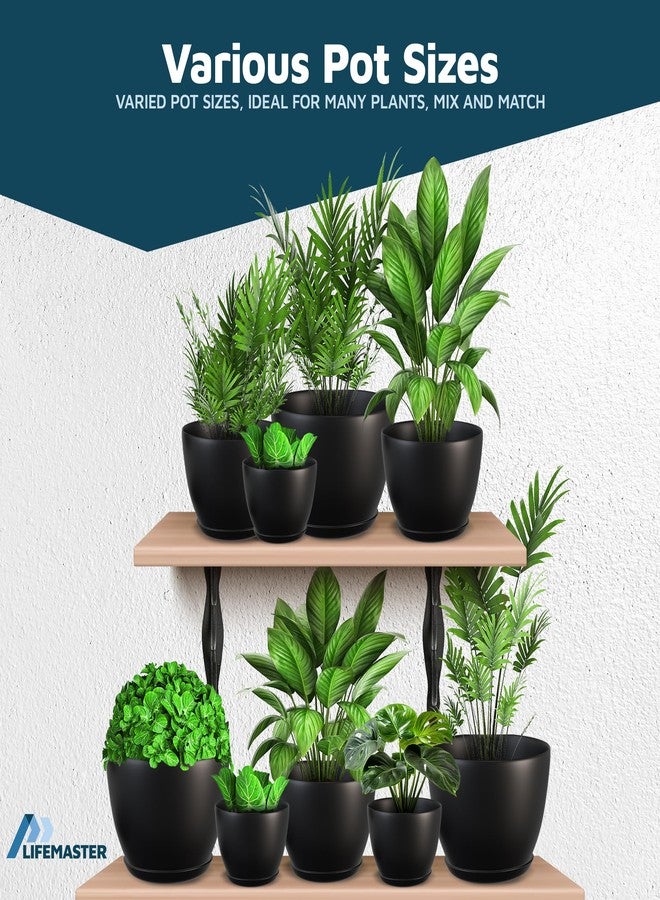 Lifemaster 5pcs Plant Pots with Drainage - Versatile Home Decor Flower Pots for Indoor Plants - Set of 5 Stackable Plastic Planters in Multiple Sizes (Black) - Image 4