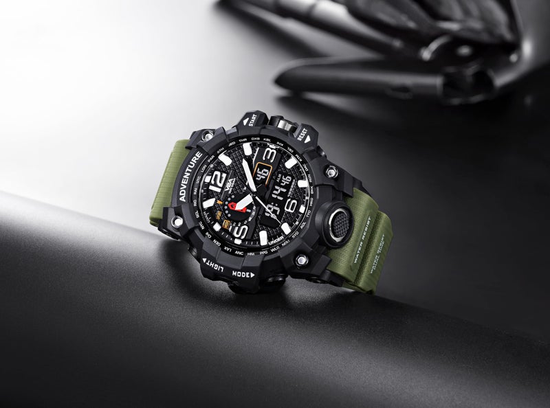 V2A Resin Analogue - Digital Men Watch (Black Dial Green Colored Strap), Green Band - Image 2