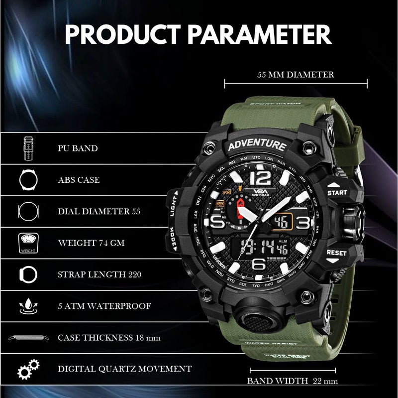 V2A Resin Analogue - Digital Men Watch (Black Dial Green Colored Strap), Green Band - Image 5