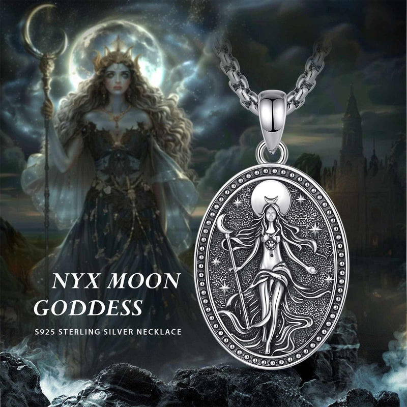 EUDORA Goddess Nyx Necklace Medal for Women S925 Sterling Silver, Ancient Greek Mythology Primordial Goddess of Night Nyx Pendant Necklaces Vintage Amulet Energy Jewelry Gift for Women, 20"+2" - Image 4