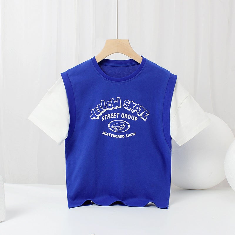 ملابس الأطفال صيفية بأسلوب كوري جديدة للأطفال تنفسية بأكمام قصيرة متوسطة وكبيرة قميص كرة سلة مزيف من قطعتين للأولاد توصيل - Image 1