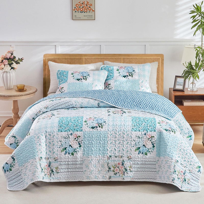 Joyreap 3 Pieces Floral Patchwork Quilt Set King, Blue n White Flowers Design, Soft n Cozy Microfiber Quilt, Bedspread Bed Cover for All Season, 1 Quilt and 2 Pillow Shams- 102x90 inches - Image 1