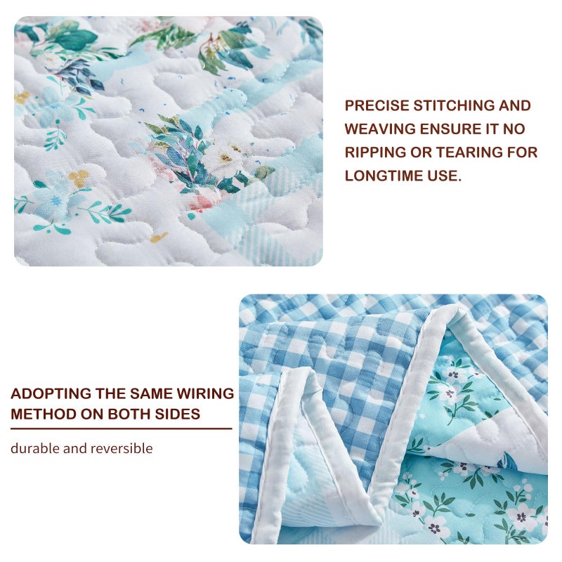Joyreap 3 Pieces Floral Patchwork Quilt Set King, Blue n White Flowers Design, Soft n Cozy Microfiber Quilt, Bedspread Bed Cover for All Season, 1 Quilt and 2 Pillow Shams- 102x90 inches - Image 4
