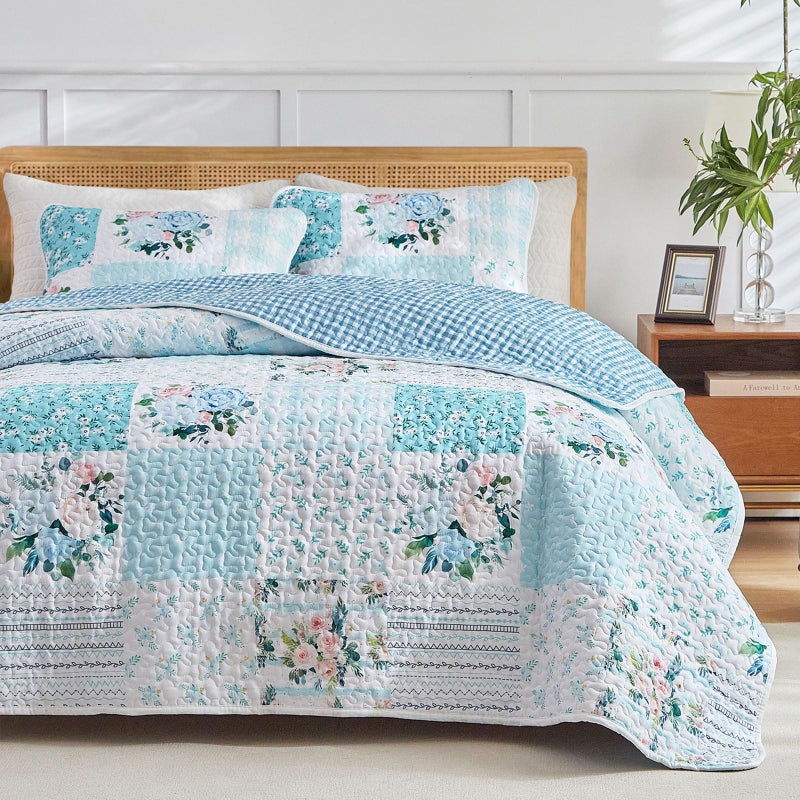 Joyreap 3 Pieces Floral Patchwork Quilt Set King, Blue n White Flowers Design, Soft n Cozy Microfiber Quilt, Bedspread Bed Cover for All Season, 1 Quilt and 2 Pillow Shams- 102x90 inches - Image 3