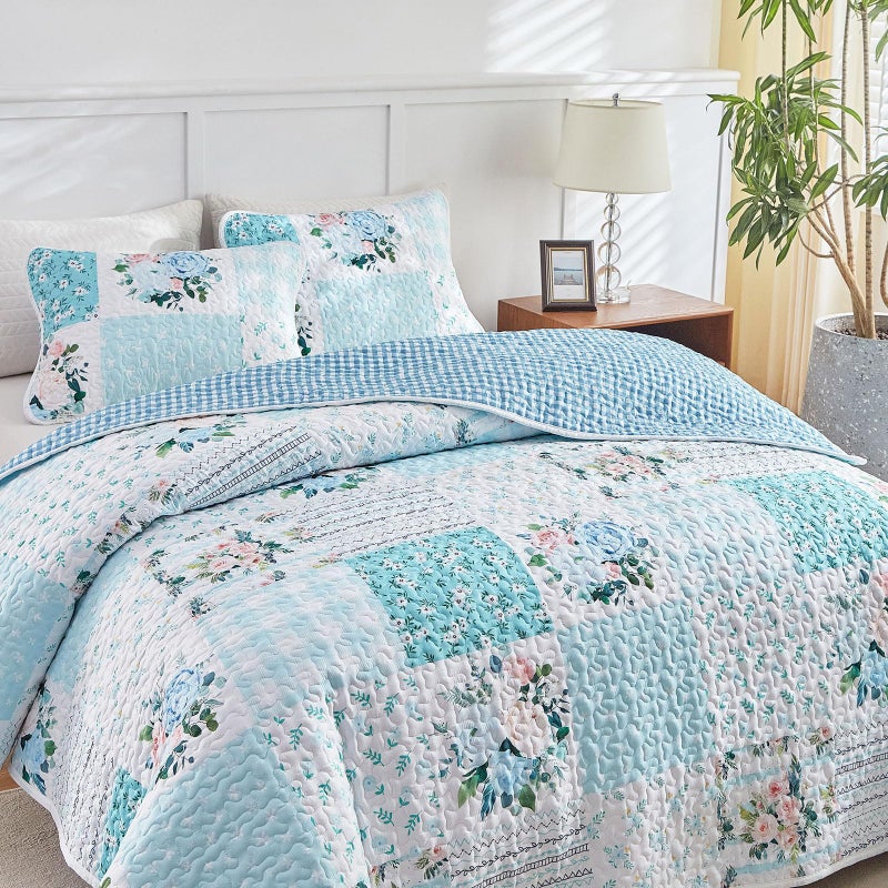 Joyreap 3 Pieces Floral Patchwork Quilt Set King, Blue n White Flowers Design, Soft n Cozy Microfiber Quilt, Bedspread Bed Cover for All Season, 1 Quilt and 2 Pillow Shams- 102x90 inches - Image 5