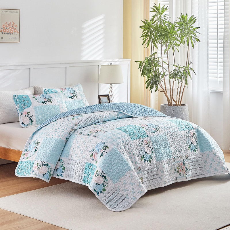 Joyreap 3 Pieces Floral Patchwork Quilt Set King, Blue n White Flowers Design, Soft n Cozy Microfiber Quilt, Bedspread Bed Cover for All Season, 1 Quilt and 2 Pillow Shams- 102x90 inches - Image 2