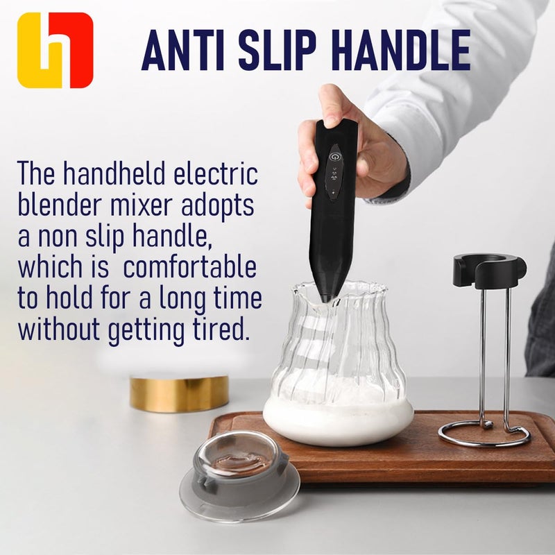 Milk Frother Handheld Rechargeable – 3 Speed Electric Coffee Mixer & Foam Maker with 2 Whisk Heads, USB Egg Beater for Latte, Cappuccino & Nescafe, Black - Image 4