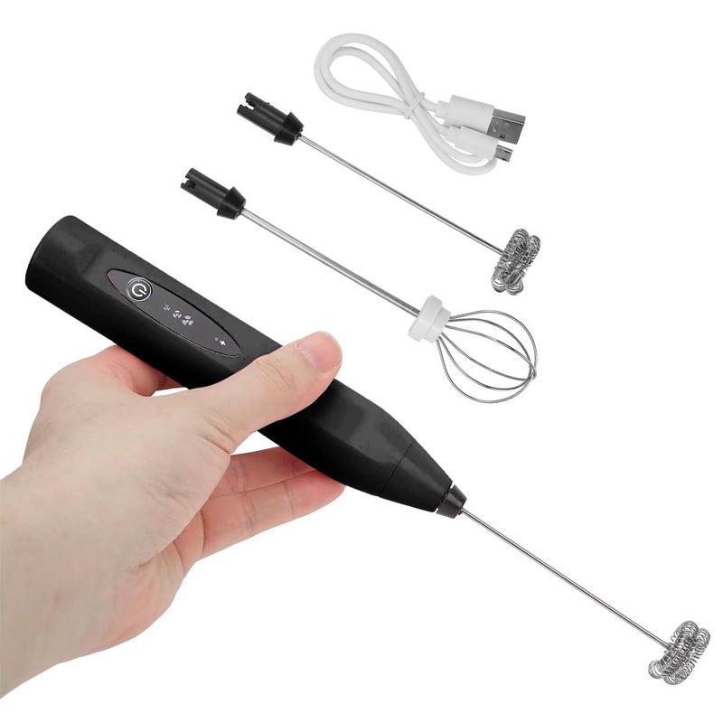 Milk Frother Handheld Rechargeable – 3 Speed Electric Coffee Mixer & Foam Maker with 2 Whisk Heads, USB Egg Beater for Latte, Cappuccino & Nescafe, Black - Image 1
