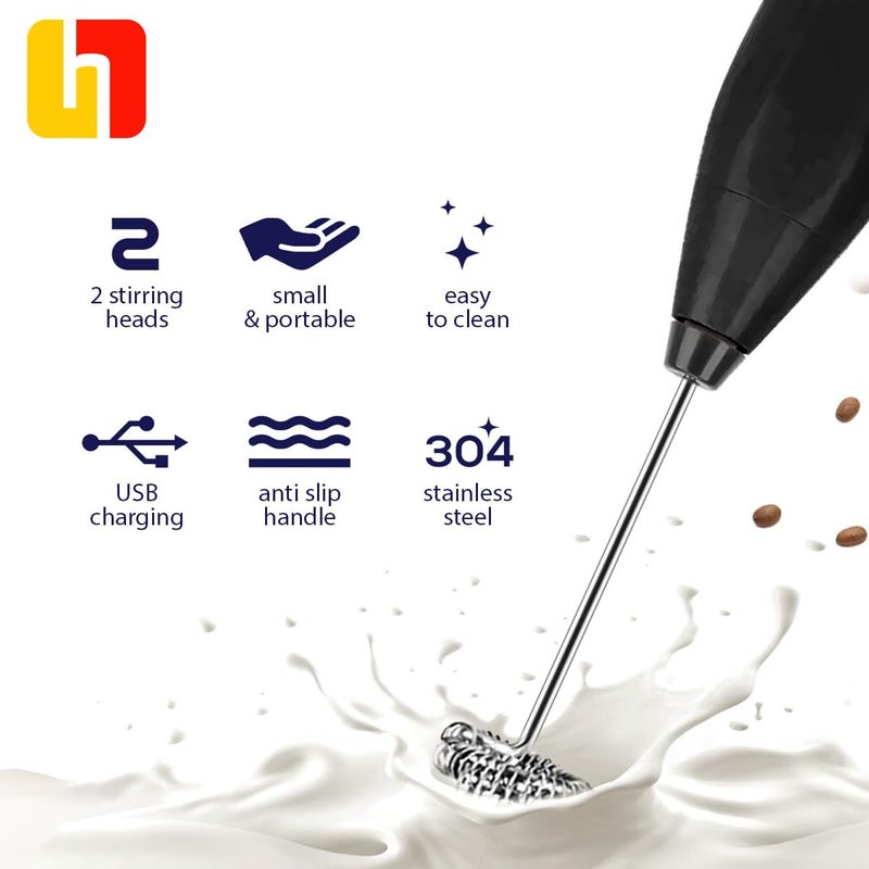 Milk Frother Handheld Rechargeable – 3 Speed Electric Coffee Mixer & Foam Maker with 2 Whisk Heads, USB Egg Beater for Latte, Cappuccino & Nescafe, Black - Image 2