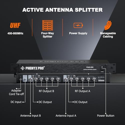 Phenyx Pro PAS225X نظام توزيع هوائي UHF لاسلكي مع حزمة مستقبلات اتجاهية نشطة مع 8 مخارج و2 منفذ كاسكيد وتغطية بطول 160 قدم لهوائي ميكروفون لاسلكي للمسرح والعروض الحية - Image 3