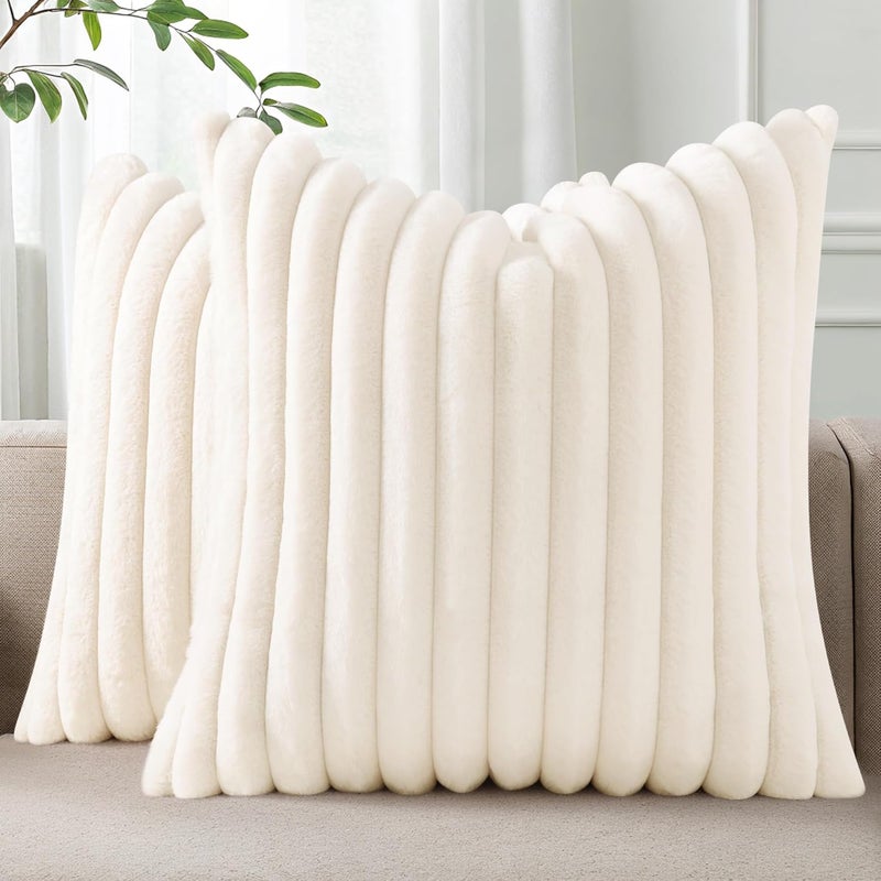 Pallene Faux Fur Plush Christmas Throw Pillow Covers 22x22 Set of 2, Luxury Soft Fluffy Striped Decorative Pillow Covers for Sofa, Couch, Living Room, Cream White - Image 1
