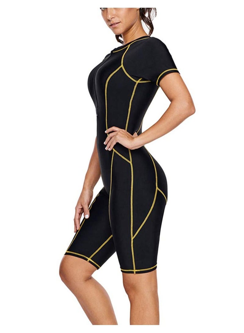 Y&D Women One-Piece Snorkeling Surfing Swim Suit Rash guard Short Sleeves Wetsuit Swimwear Black - Image 2