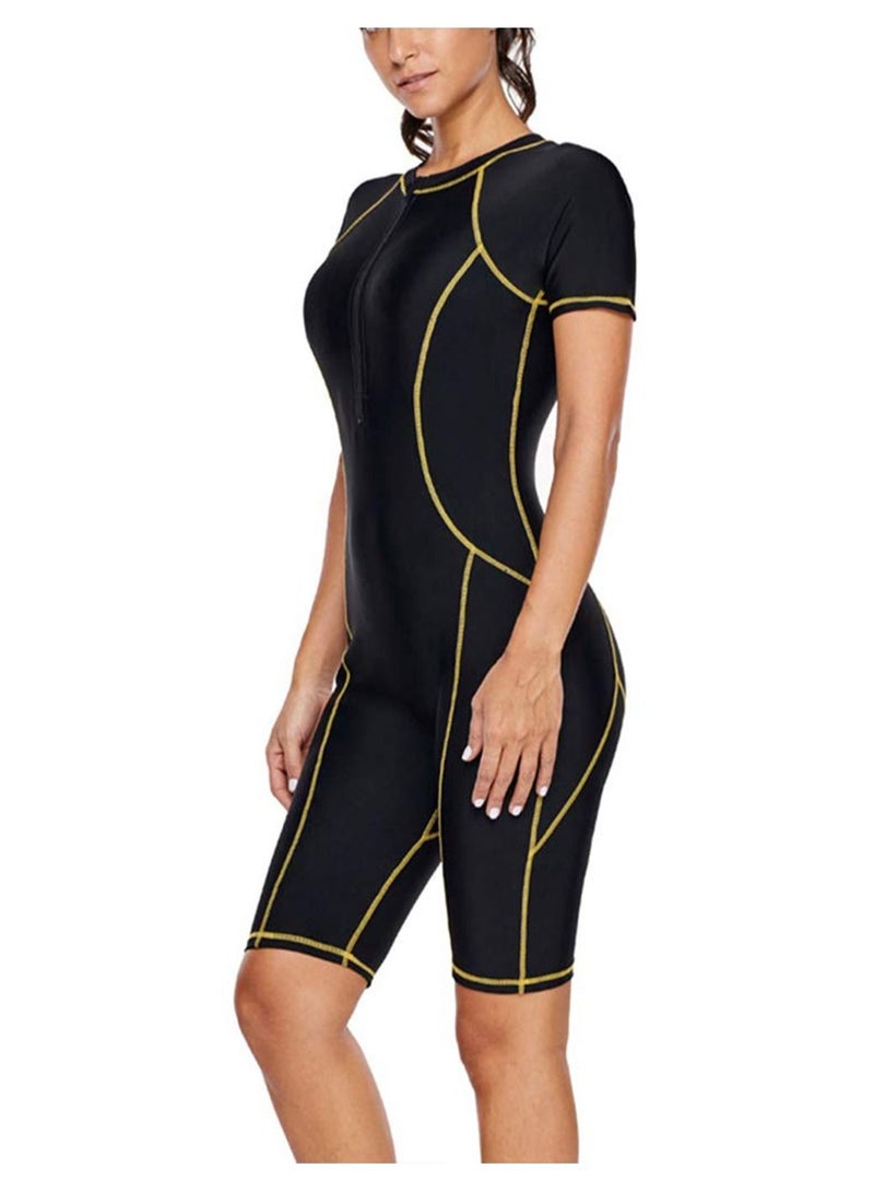 Y&D Women One-Piece Snorkeling Surfing Swim Suit Rash guard Short Sleeves Wetsuit Swimwear Black - Image 3