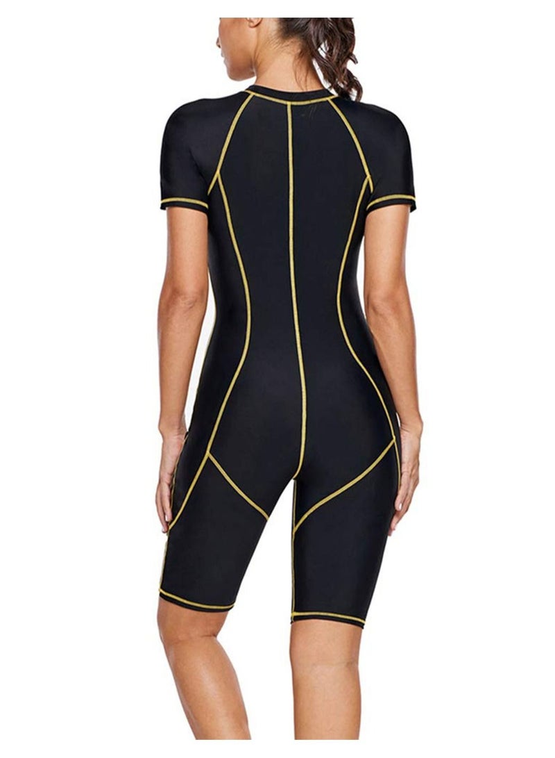 Y&D Women One-Piece Snorkeling Surfing Swim Suit Rash guard Short Sleeves Wetsuit Swimwear Black - Image 4