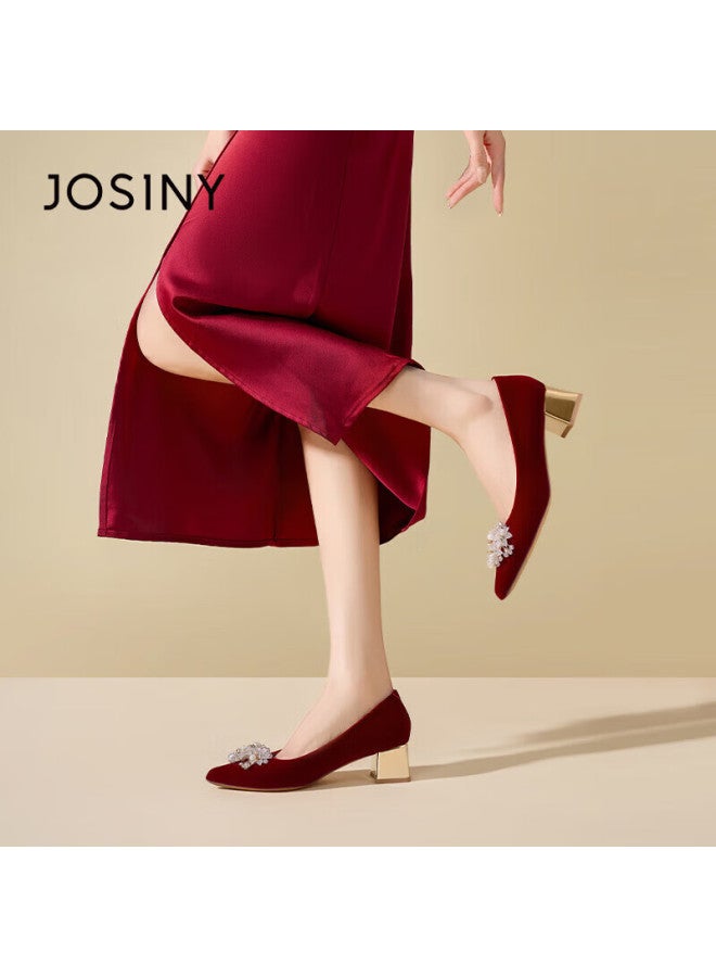 Josiny Floral Rhinestone Bridal Shoes Women  New Spring Pointed Toe Elegant Chunky Heel Wedding High Heels Red Size 40 - Image 3