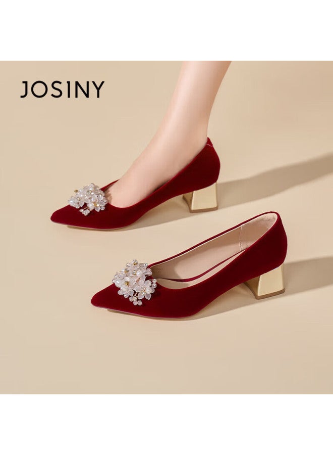 Josiny Floral Rhinestone Bridal Shoes Women  New Spring Pointed Toe Elegant Chunky Heel Wedding High Heels Red Size 40 - Image 1