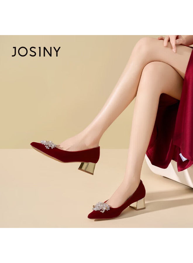 Josiny Floral Rhinestone Bridal Shoes Women  New Spring Pointed Toe Elegant Chunky Heel Wedding High Heels Red Size 40 - Image 2