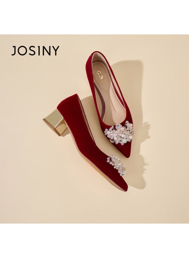Josiny Floral Rhinestone Bridal Shoes Women  New Spring Pointed Toe Elegant Chunky Heel Wedding High Heels Red Size 40 - Image 5