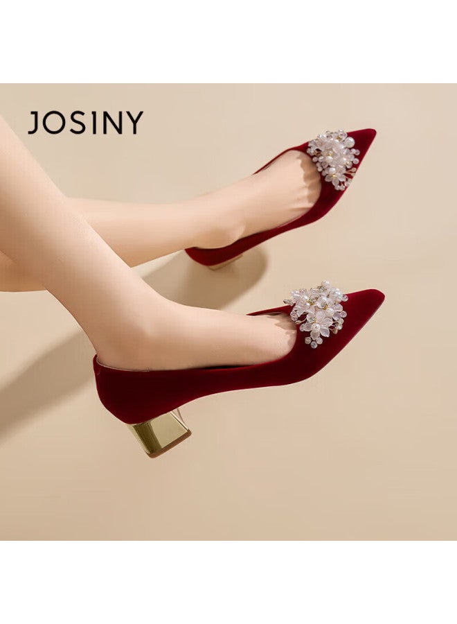 Josiny Floral Rhinestone Bridal Shoes Women  New Spring Pointed Toe Elegant Chunky Heel Wedding High Heels Red Size 40 - Image 4
