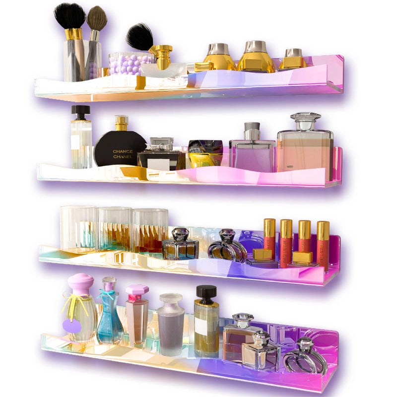 YMVV Large Iridescent Clear Acrylic Wall Mounted Floating Shelf, Perfume Organizer Shelf,Modern 15.7 IN Thickened Bathroom Storage Toy Display Organizer Decor 4 Pack - Image 1